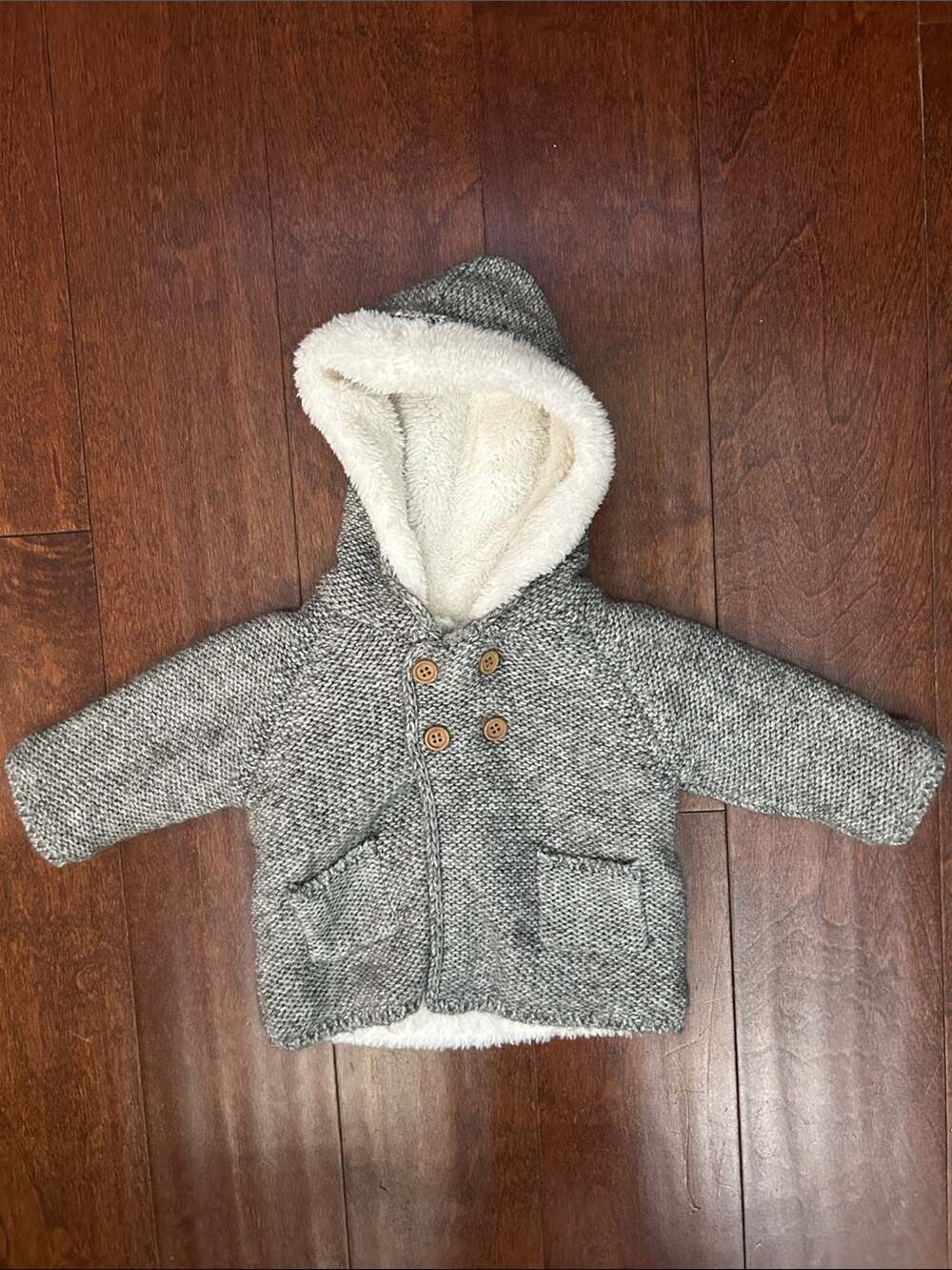 Zara Kid’s Gray Knit Hooded Baby Sweater with Cream Sherpa Lining, Size 1-3 M